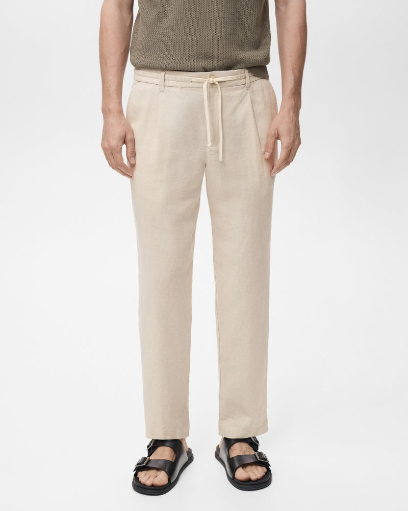 Cotton and linen blend trousers with drawstrings - beige