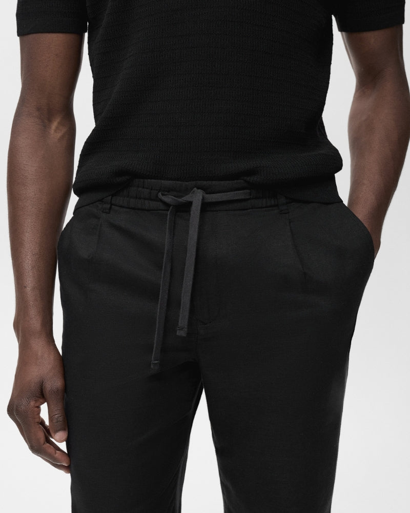 Cotton and linen blend trousers with drawstrings - black