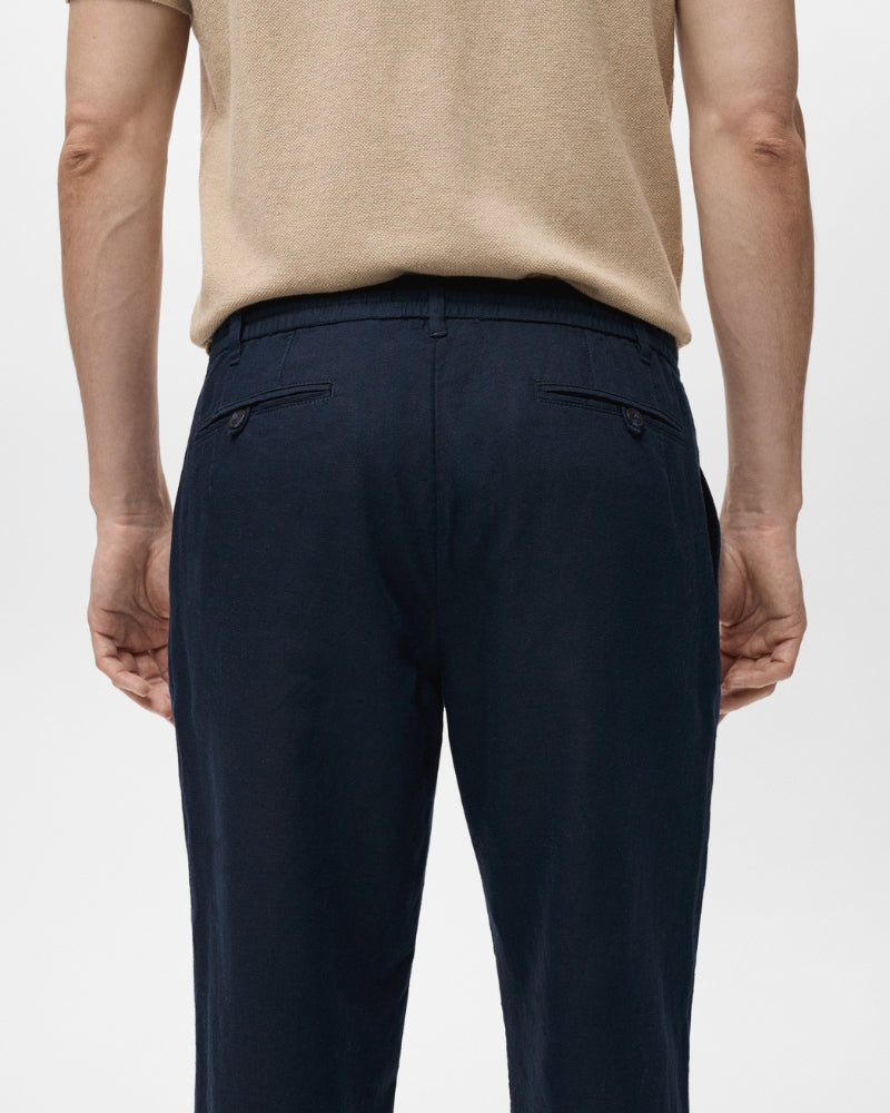 Cotton and linen blend trousers with drawstrings - navy