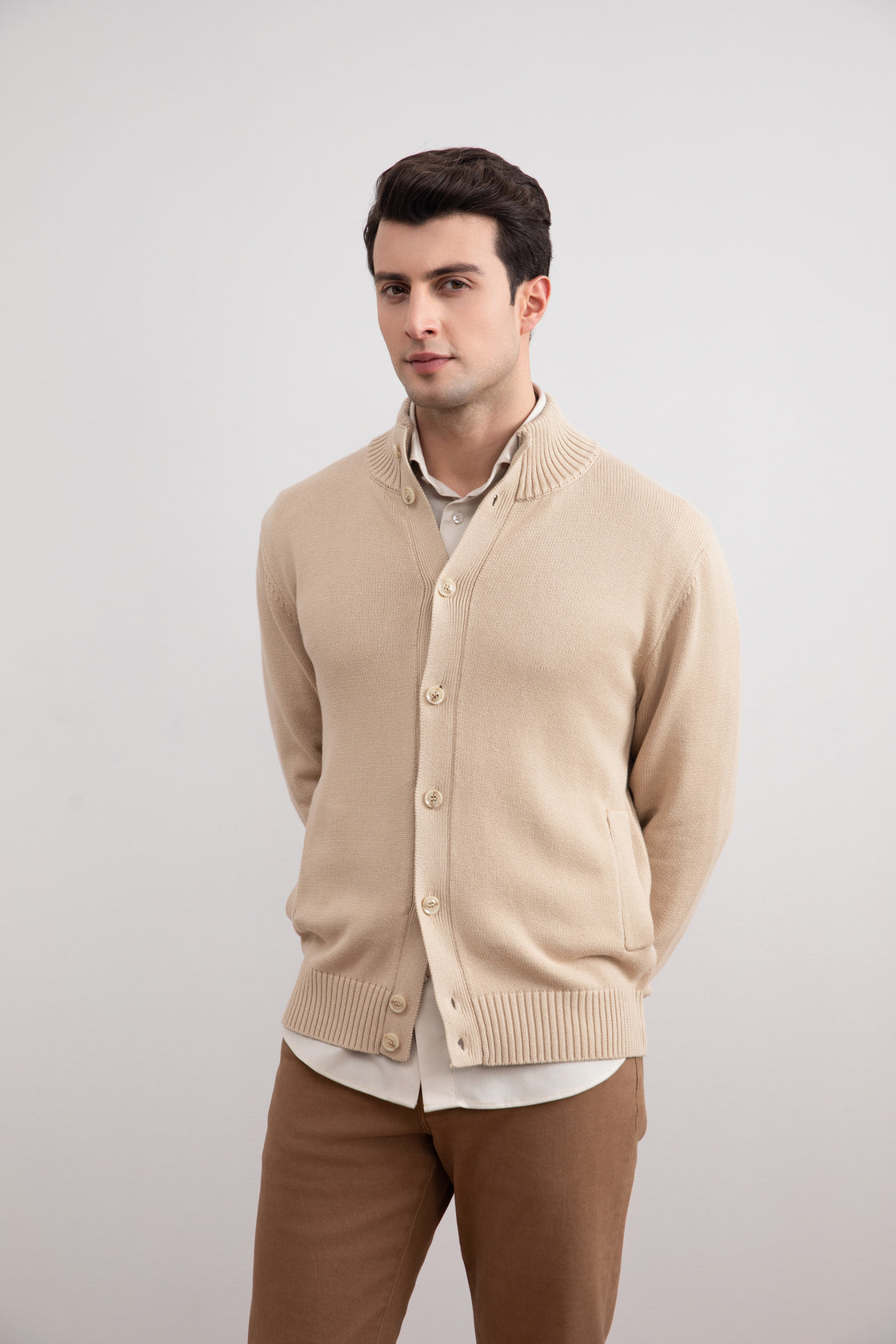 Beige Ribbed Button Closure With Pockets Cardigan