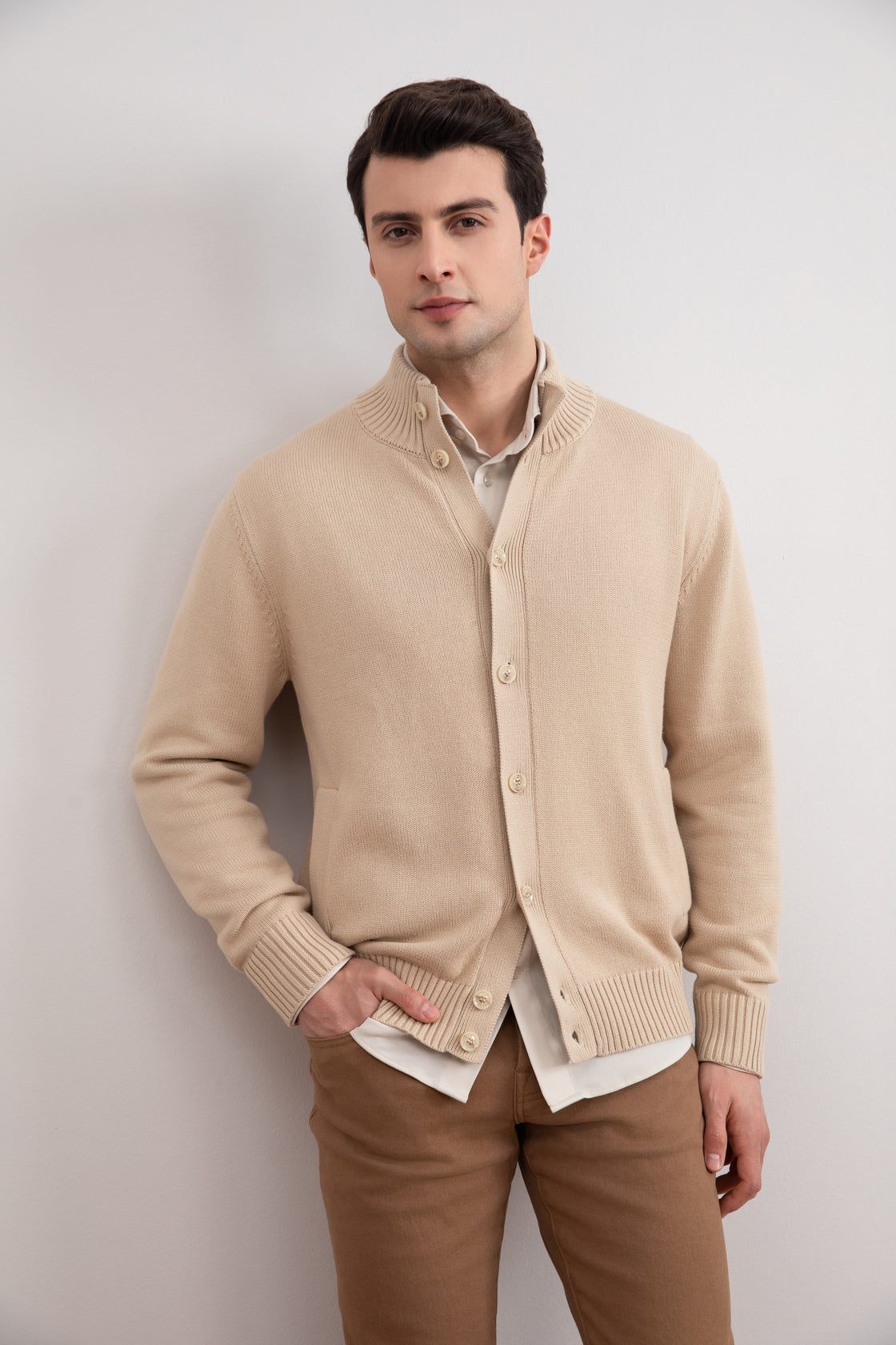 Beige Ribbed Button Closure With Pockets Cardigan