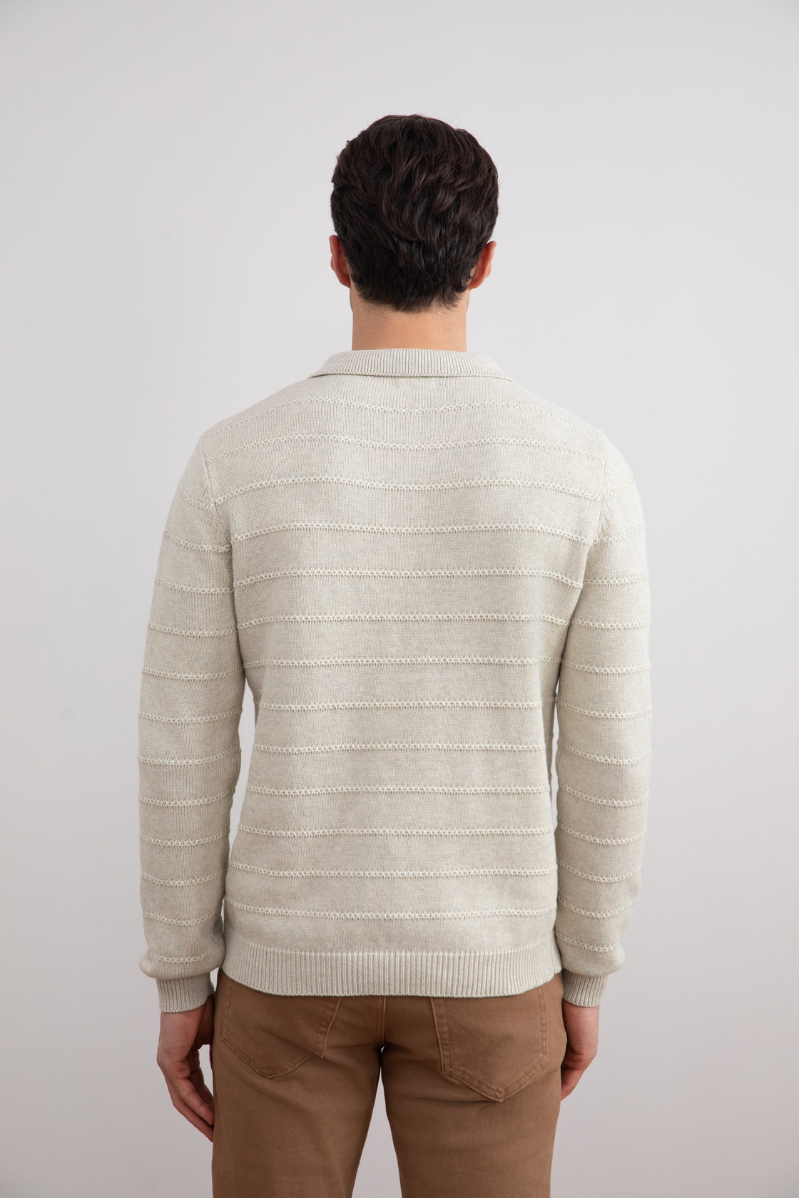 Beige Mélange Knit Texture Open Polo Sweater