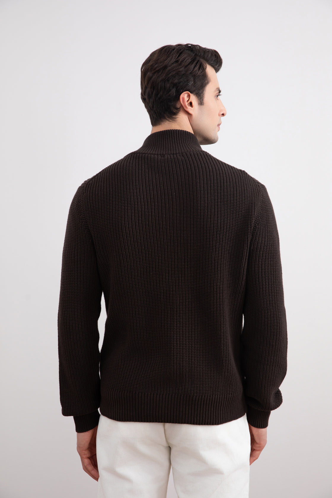 Dark Brown Ribbed Zip-Up Cardigan