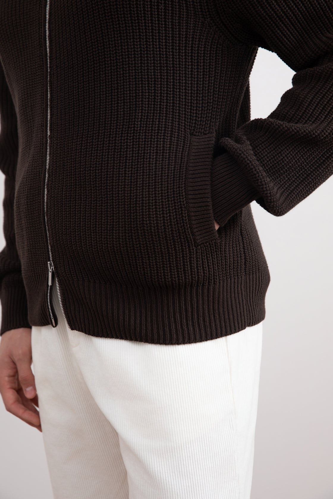 Dark Brown Ribbed Zip-Up Cardigan