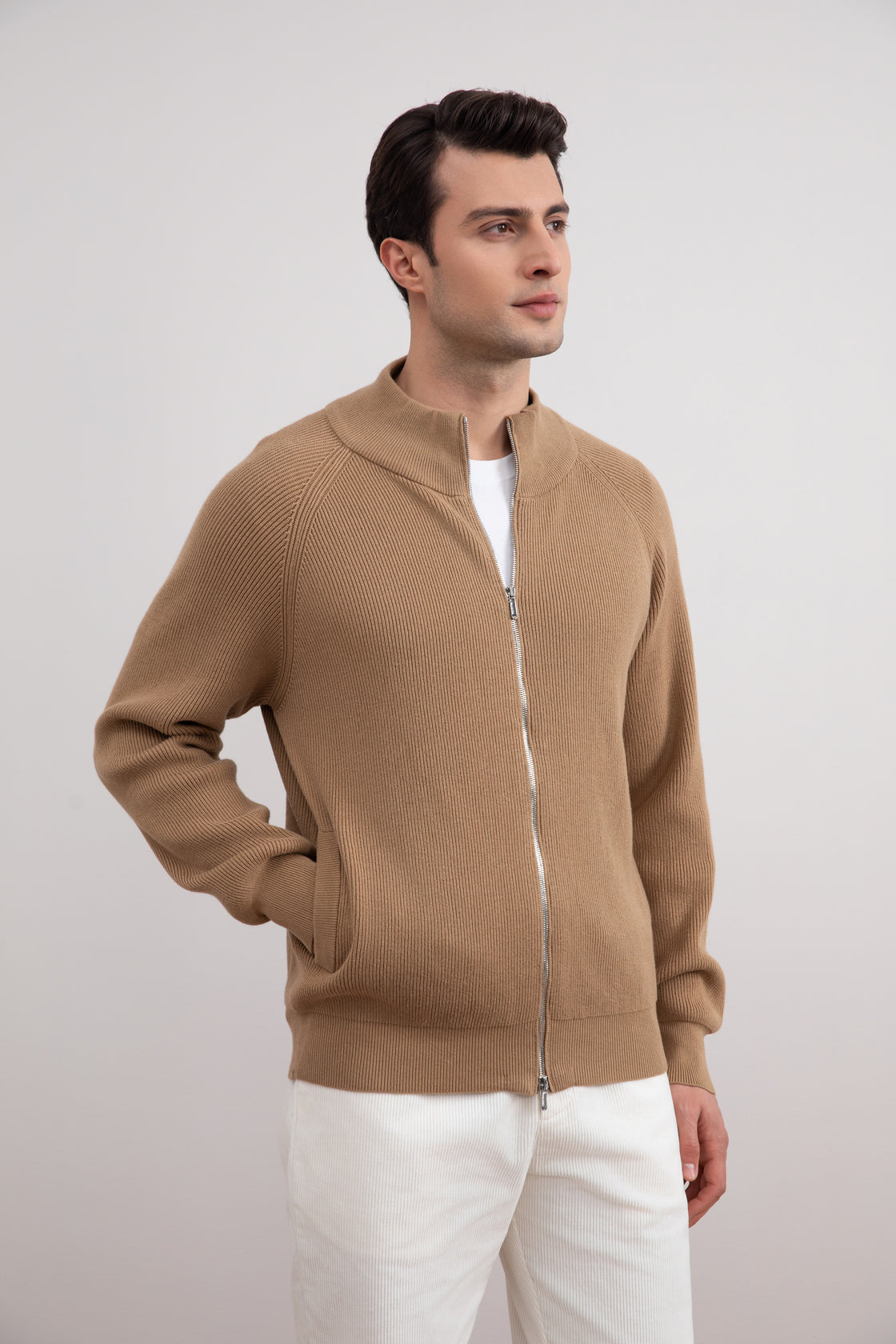 Tan English Rib Full Zip Cardigan