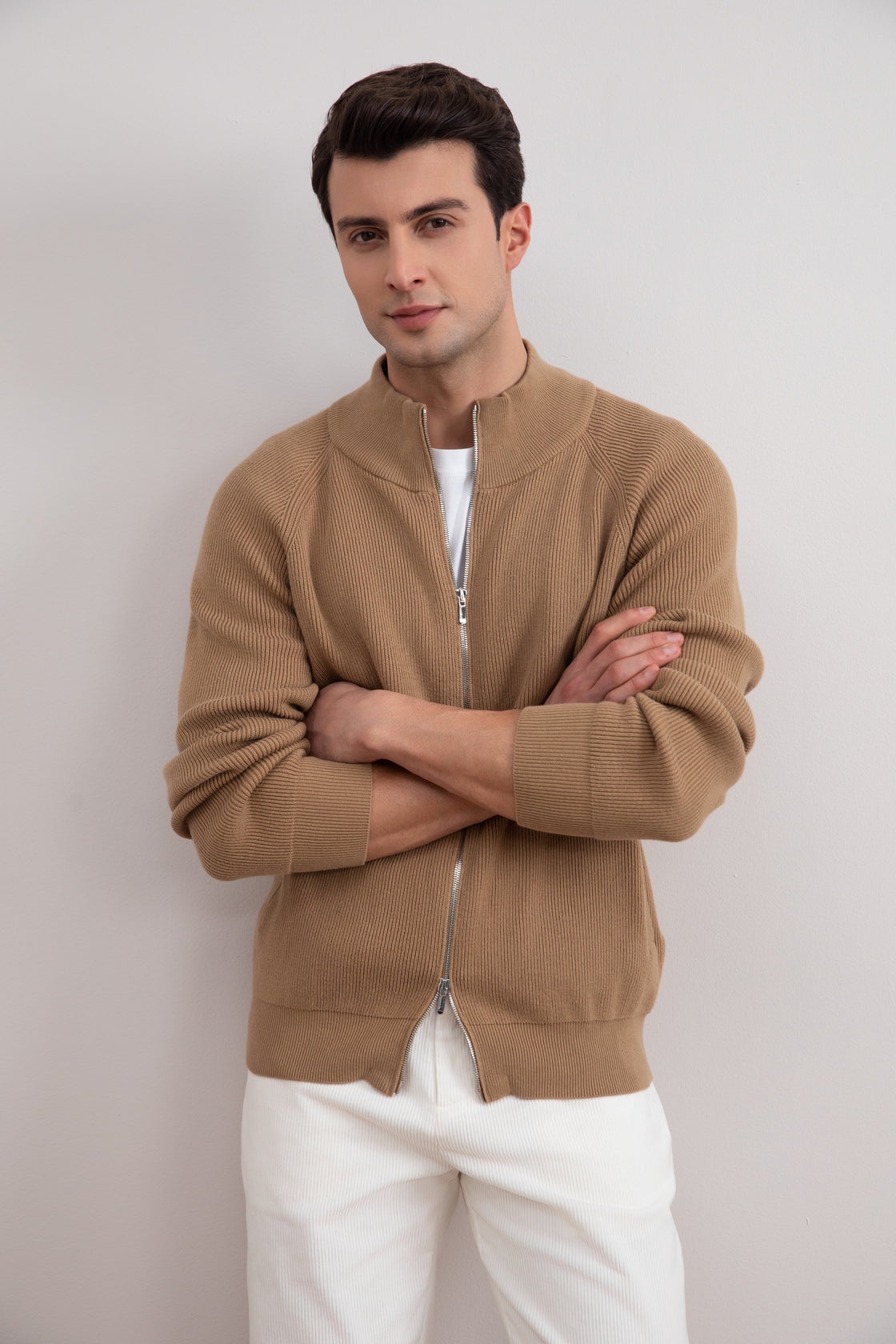 Tan English Rib Full Zip Cardigan