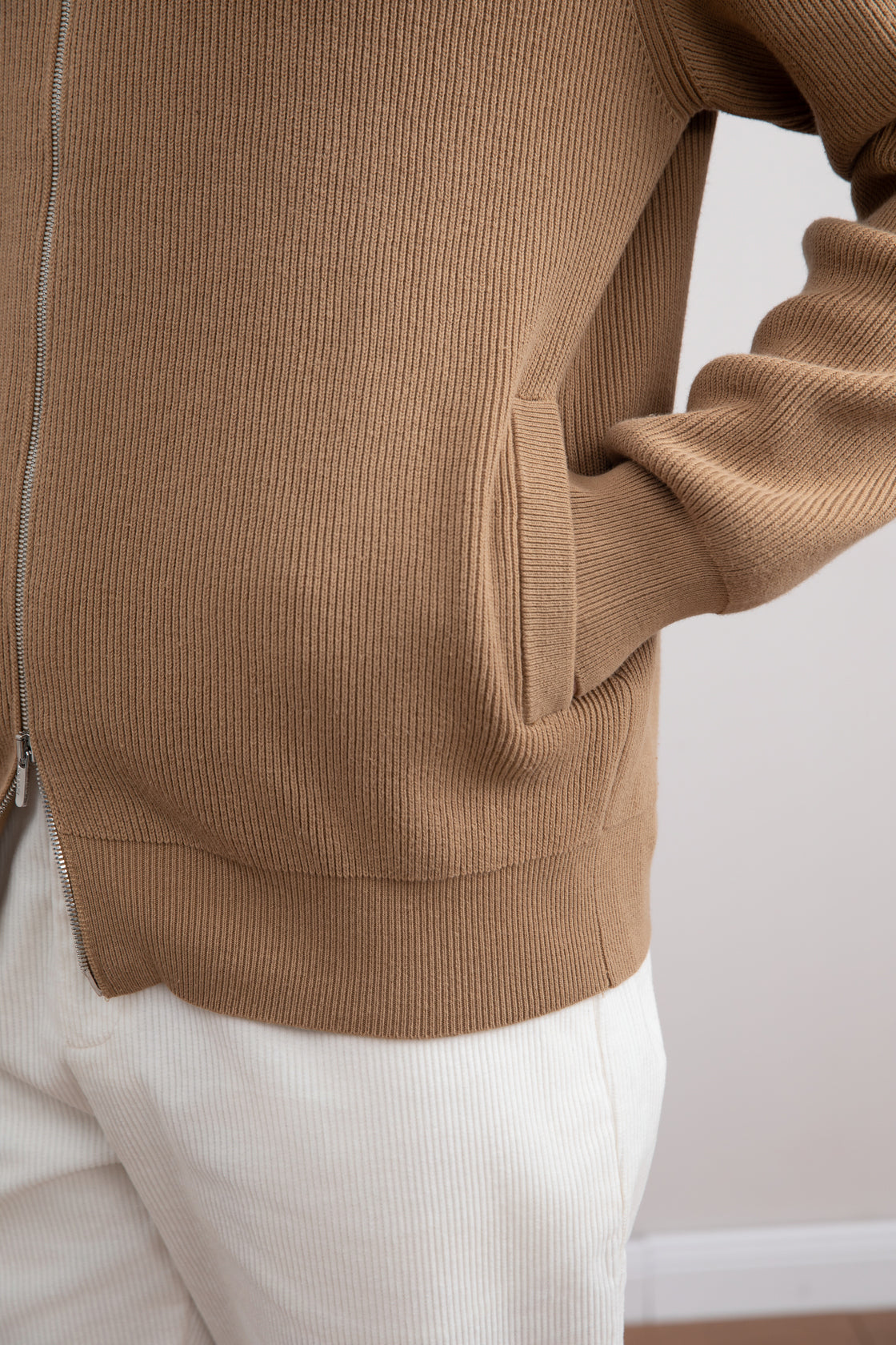 Tan English Rib Full Zip Cardigan