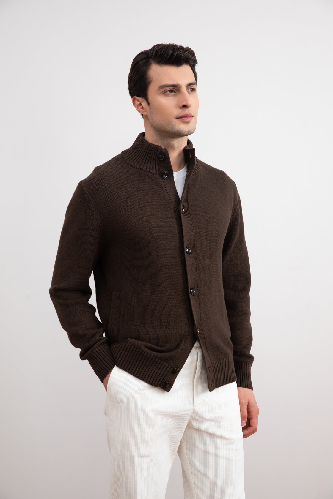 Brown Ribbed Button Closure With Pockets Cardigan