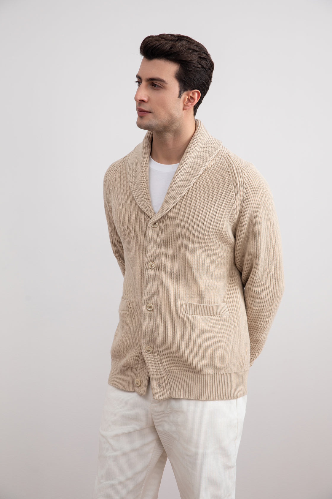 Beige Shawl-Collar Ribbed Cardigan