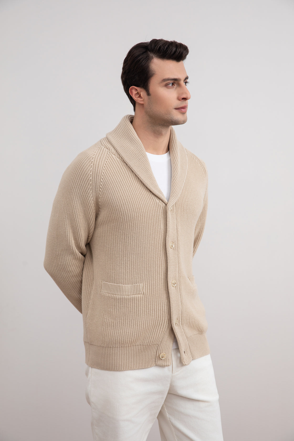 Beige Shawl-Collar Ribbed Cardigan