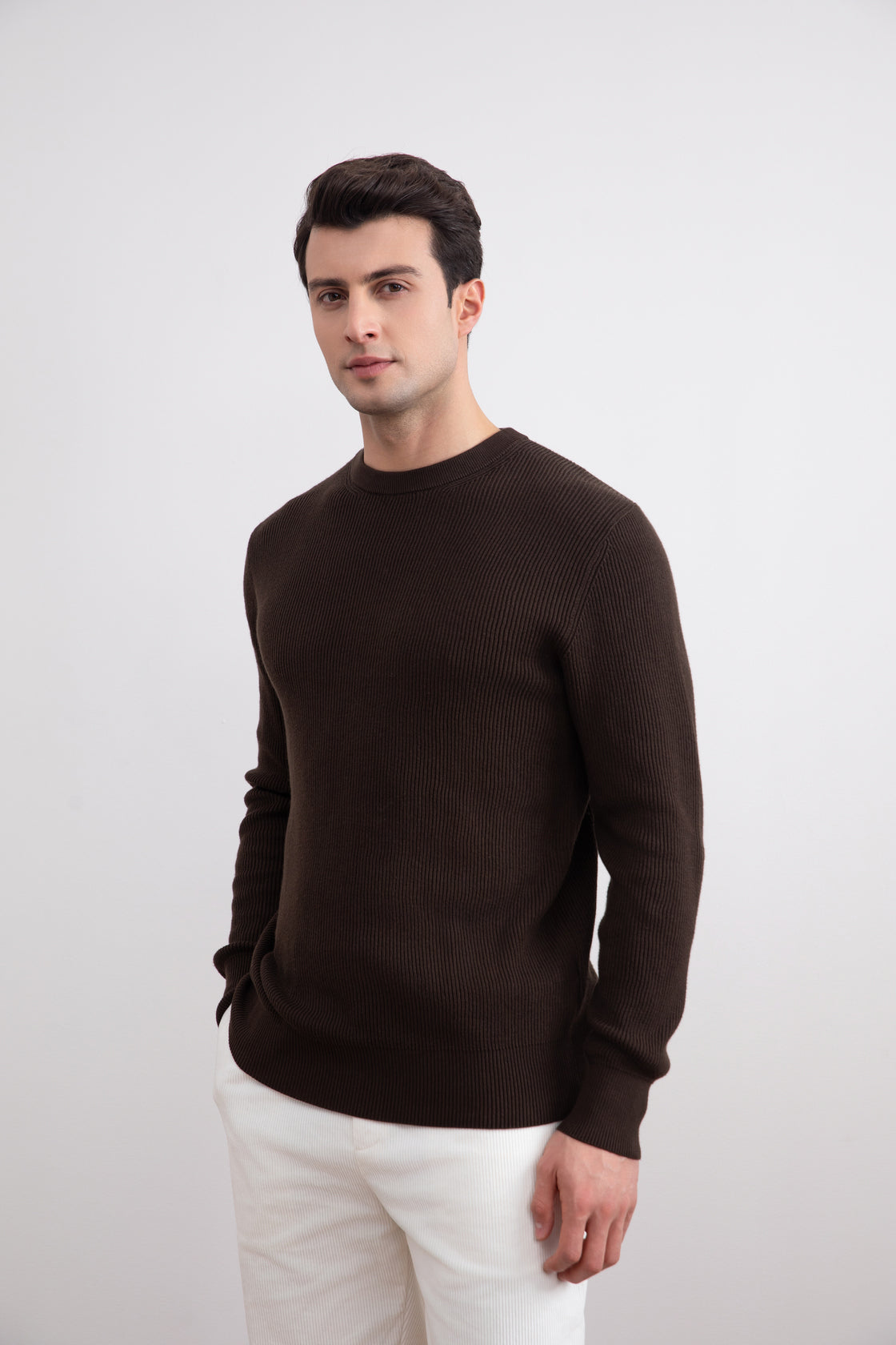 Dark Brown Crewneck Malfilé English Rib Sweater
