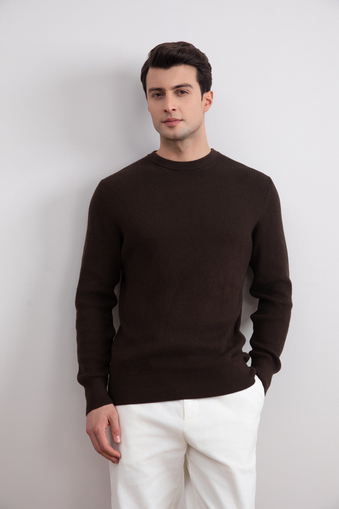 Dark Brown Crewneck Malfilé English Rib Sweater
