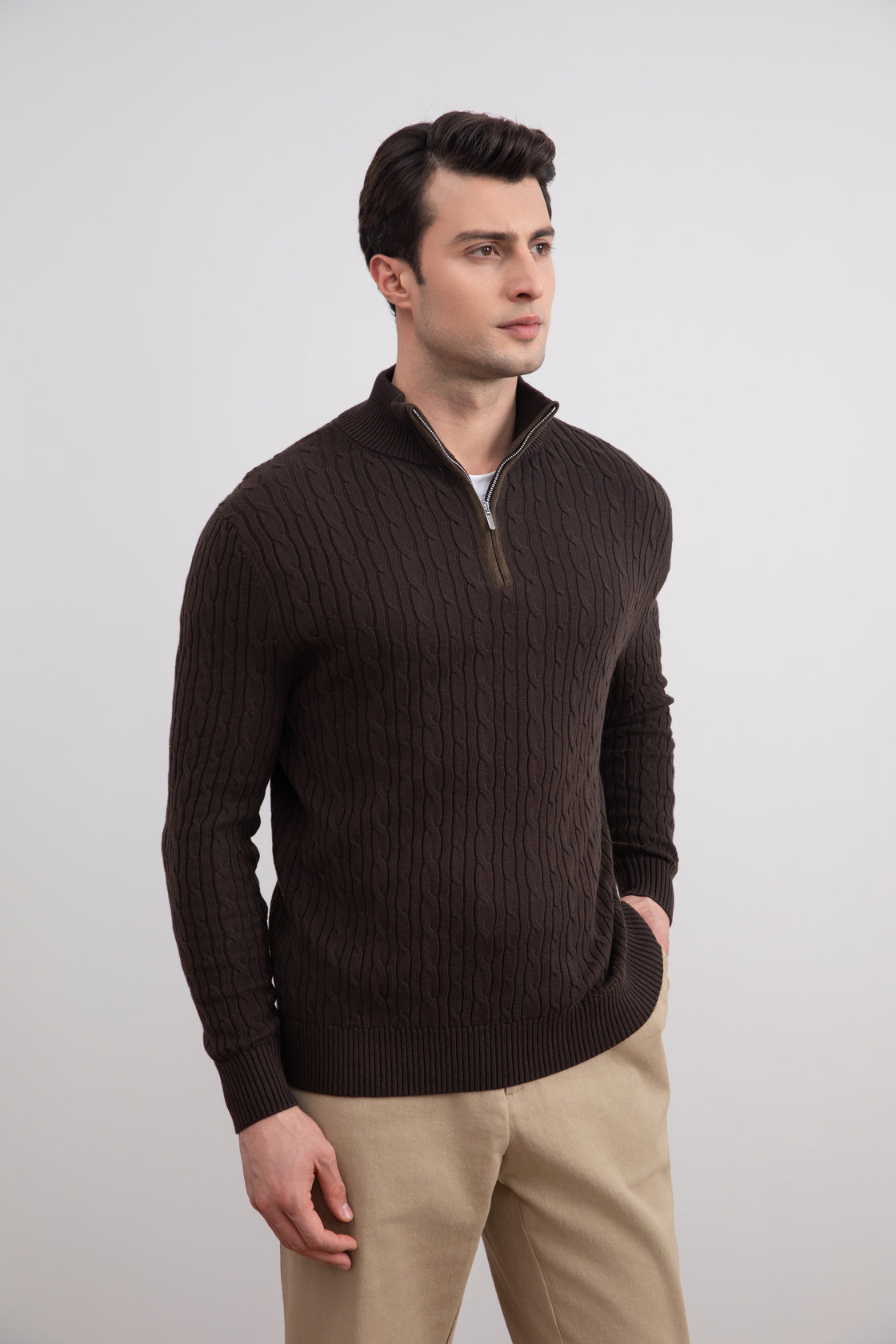 Dark Brown Cable Knit half-zip Sweater