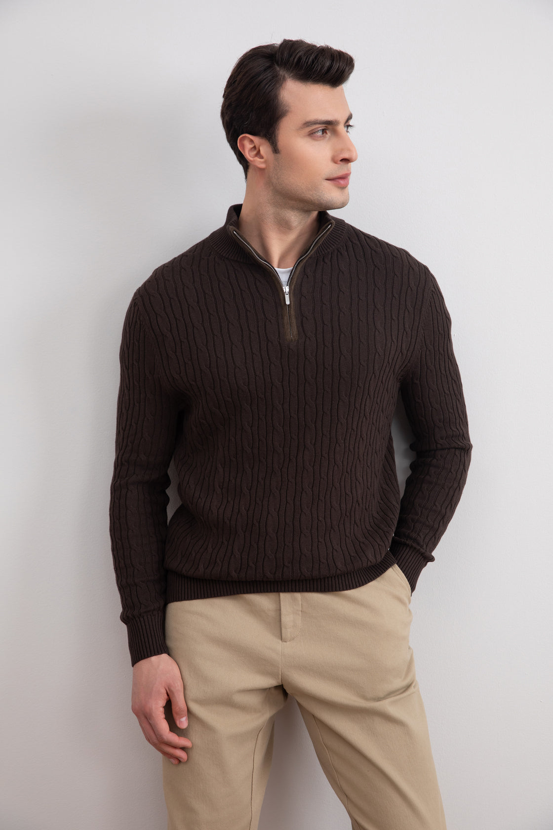 Dark Brown Cable Knit half-zip Sweater