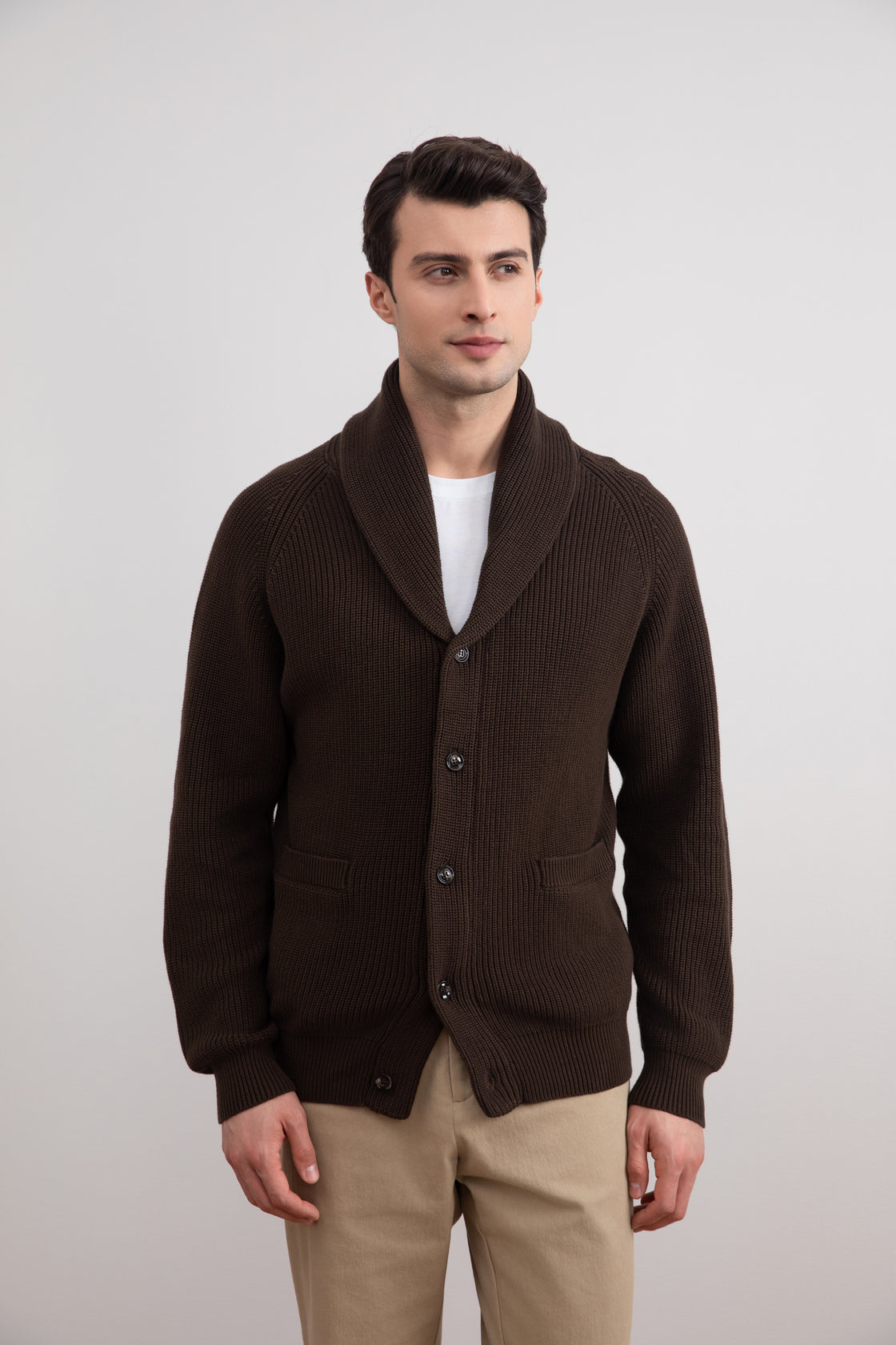 Brown Shawl-Collar Ribbed Cardigan