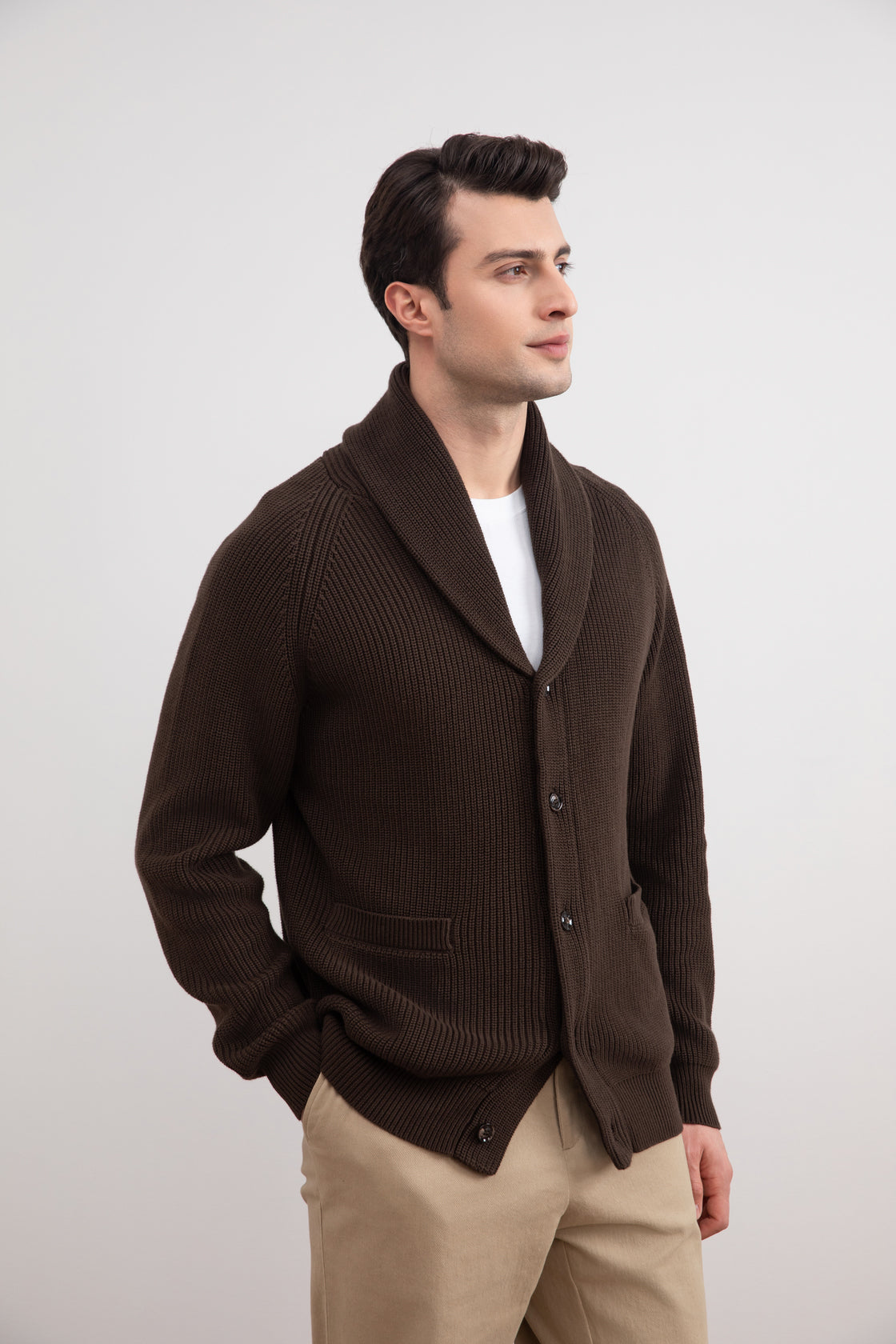 Brown Shawl-Collar Ribbed Cardigan