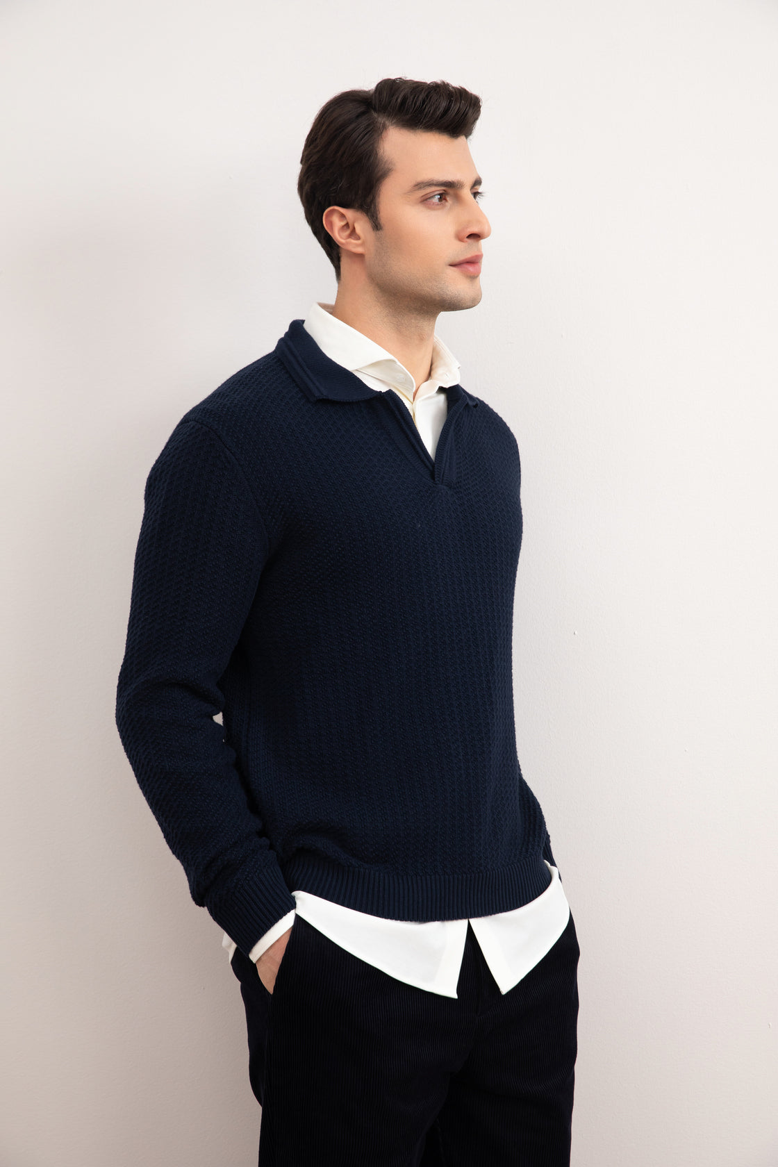 Navy Textured Open Polo Sweater