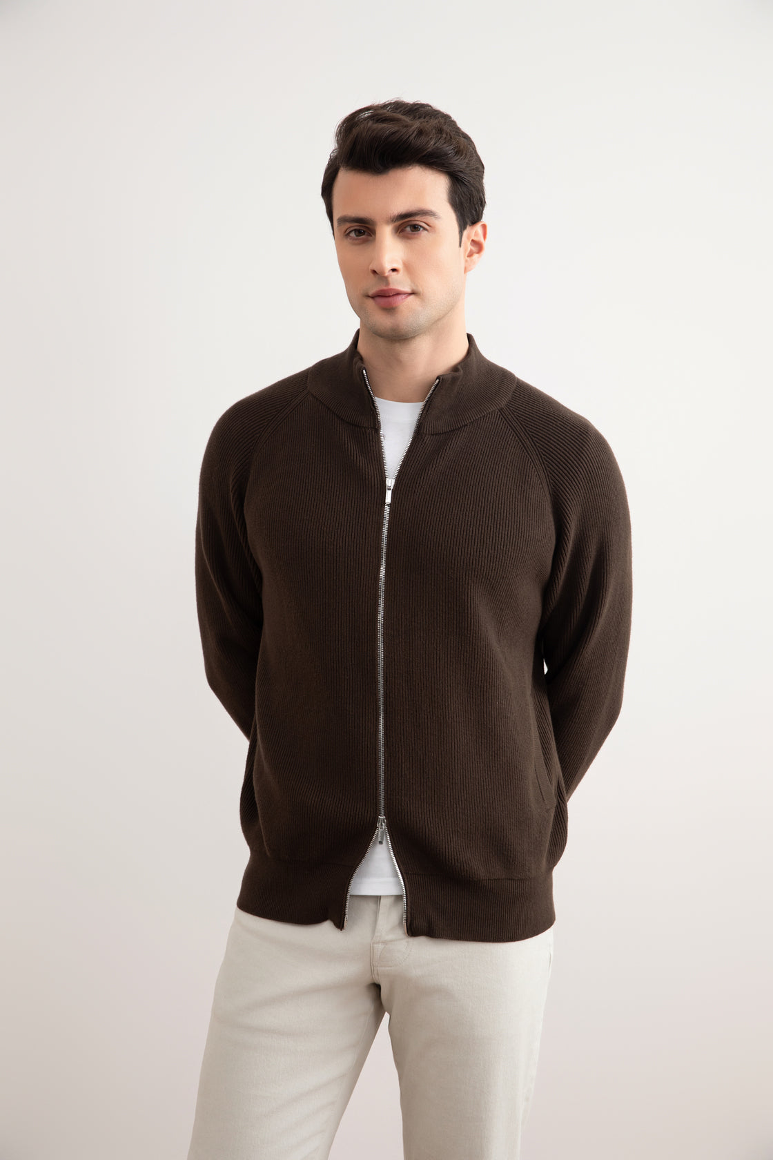 Brown English Rib Full Zip Cardigan