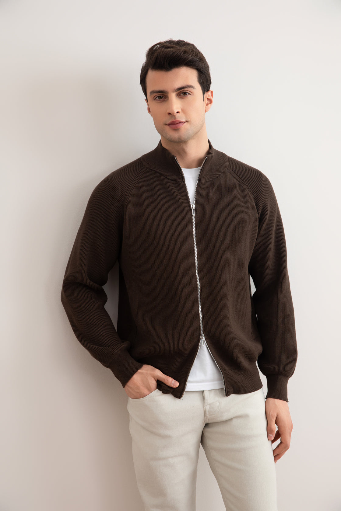 Brown English Rib Full Zip Cardigan