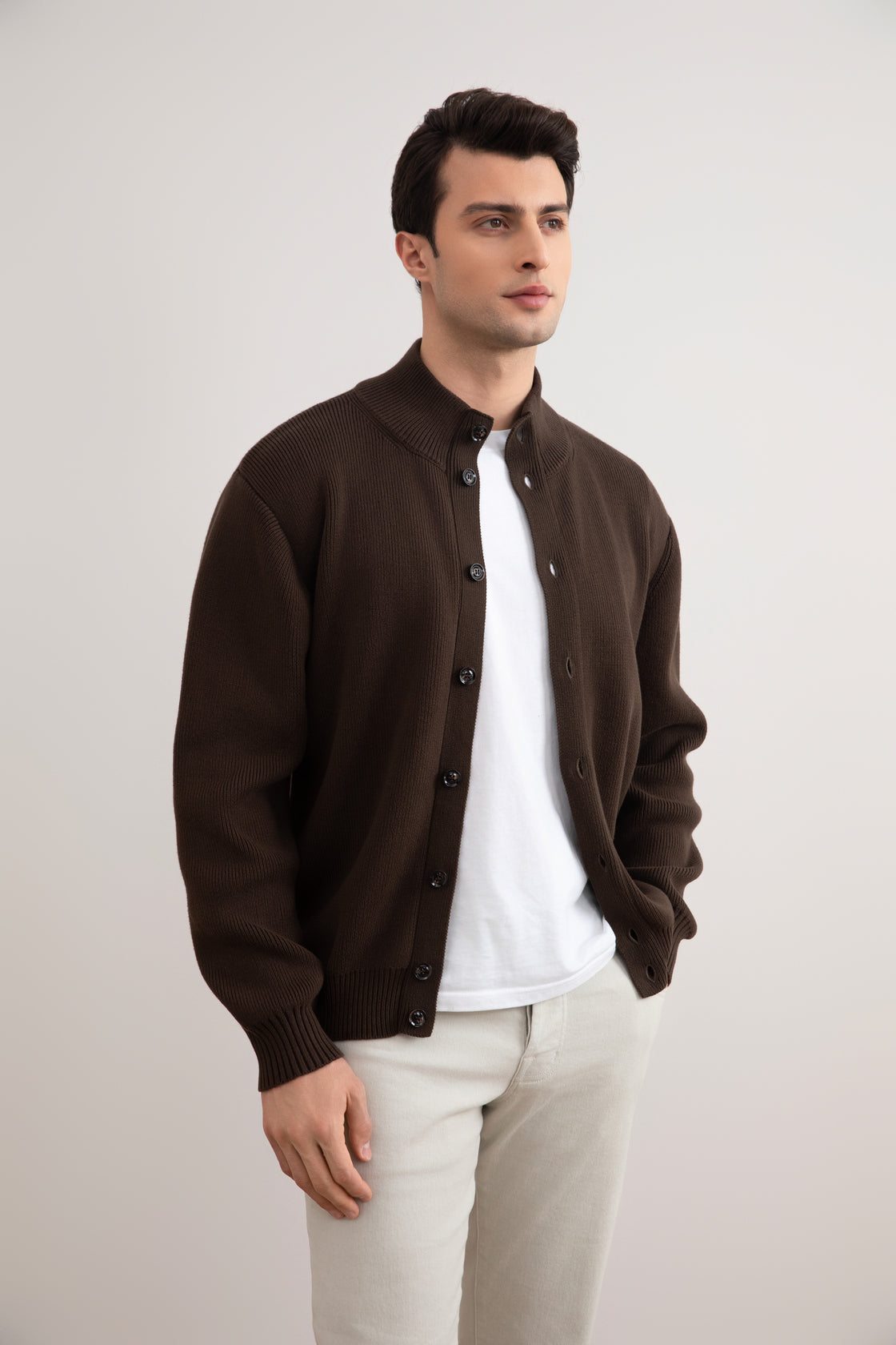 Brown Ribbed Button Closure Cardigan