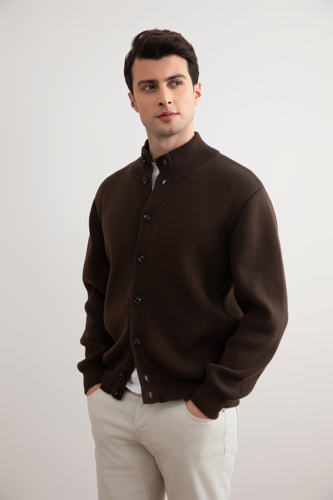 Brown Ribbed Button Closure Cardigan