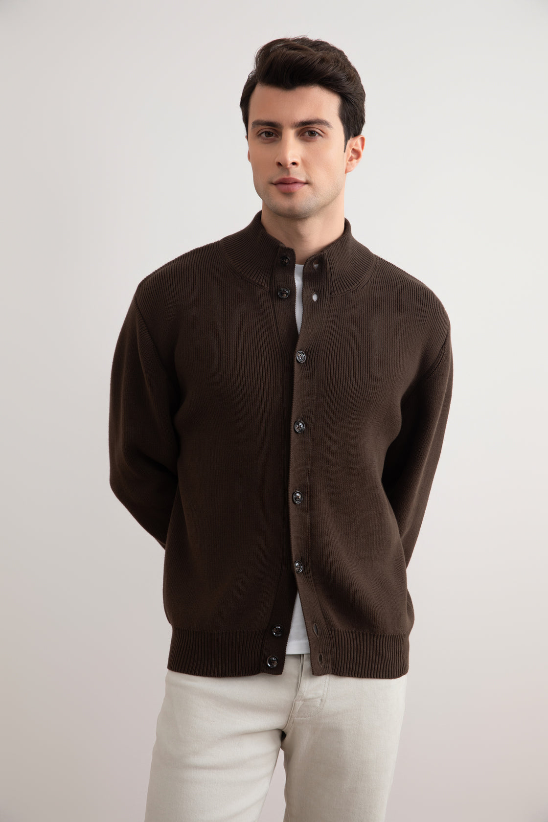 Brown Ribbed Button Closure Cardigan