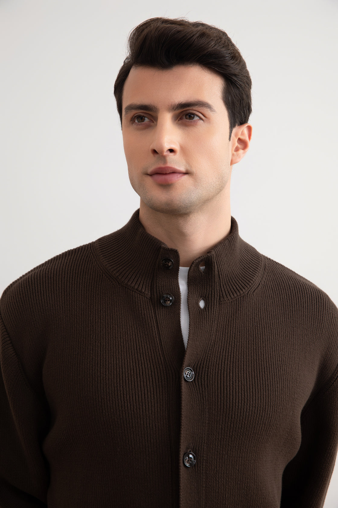 Brown Ribbed Button Closure Cardigan