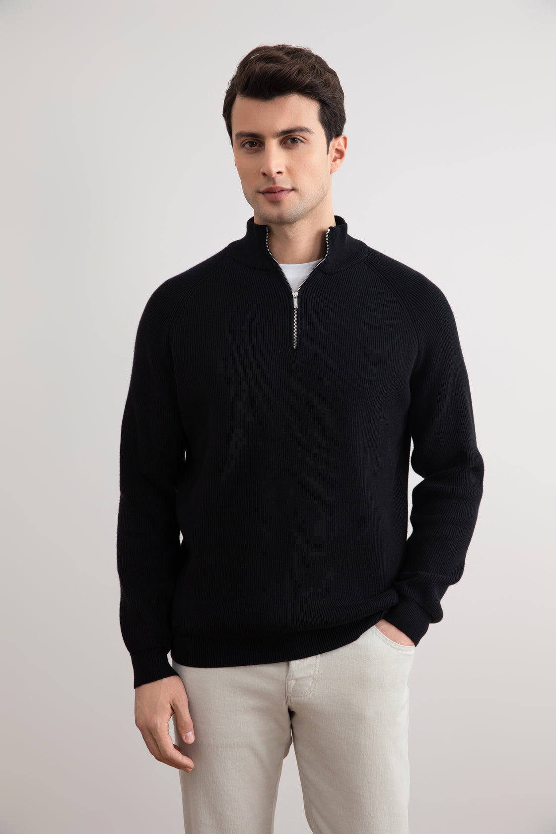 Black English rib turtleneck half-zip sweater
