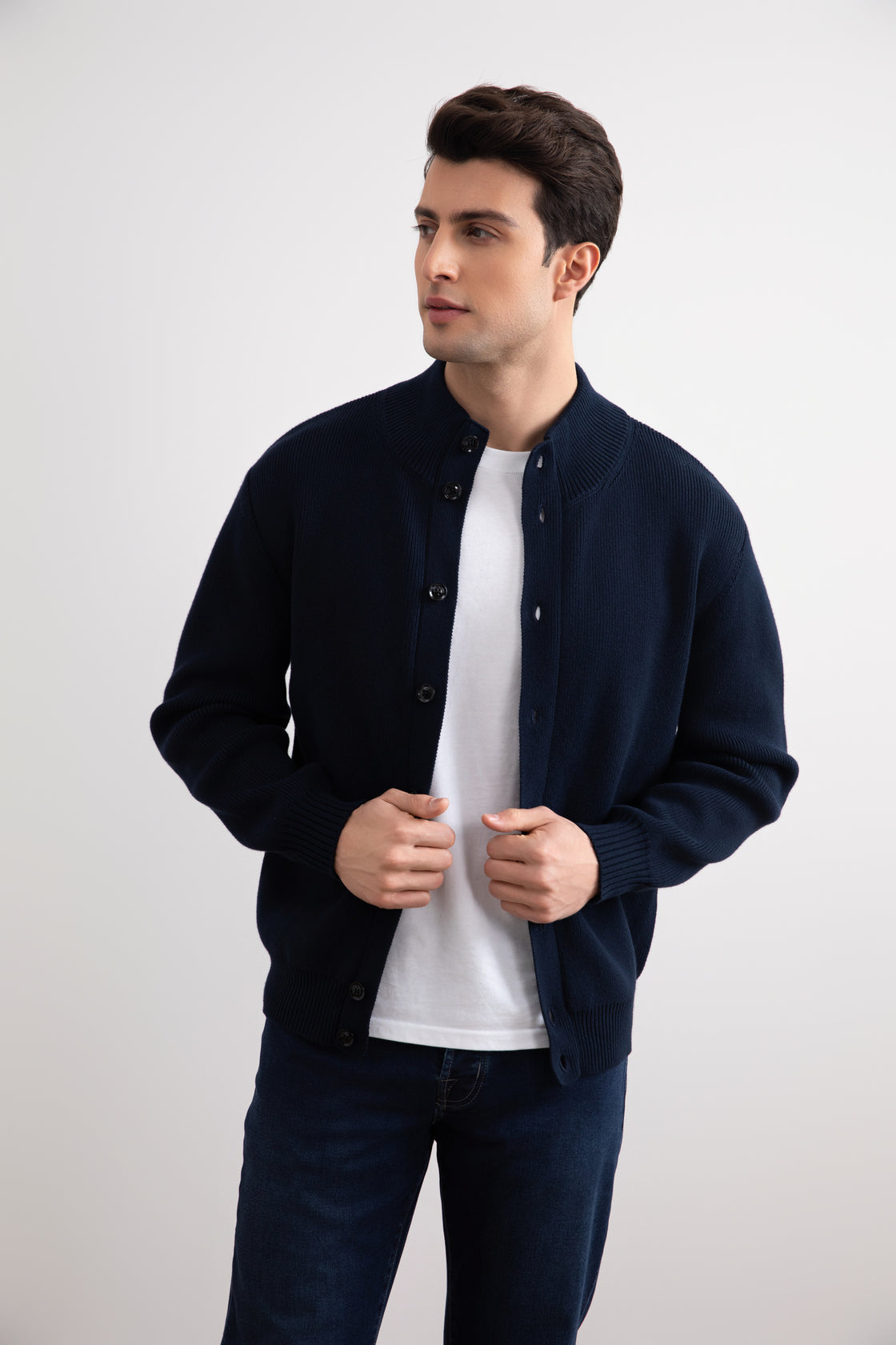 Navy Ribbed Button Closure Cardigan