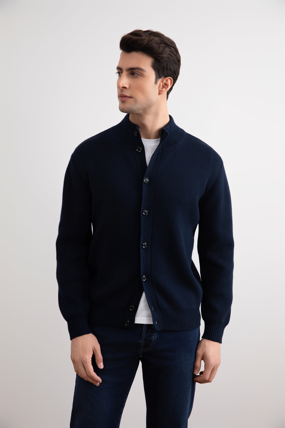 Navy Ribbed Button Closure Cardigan