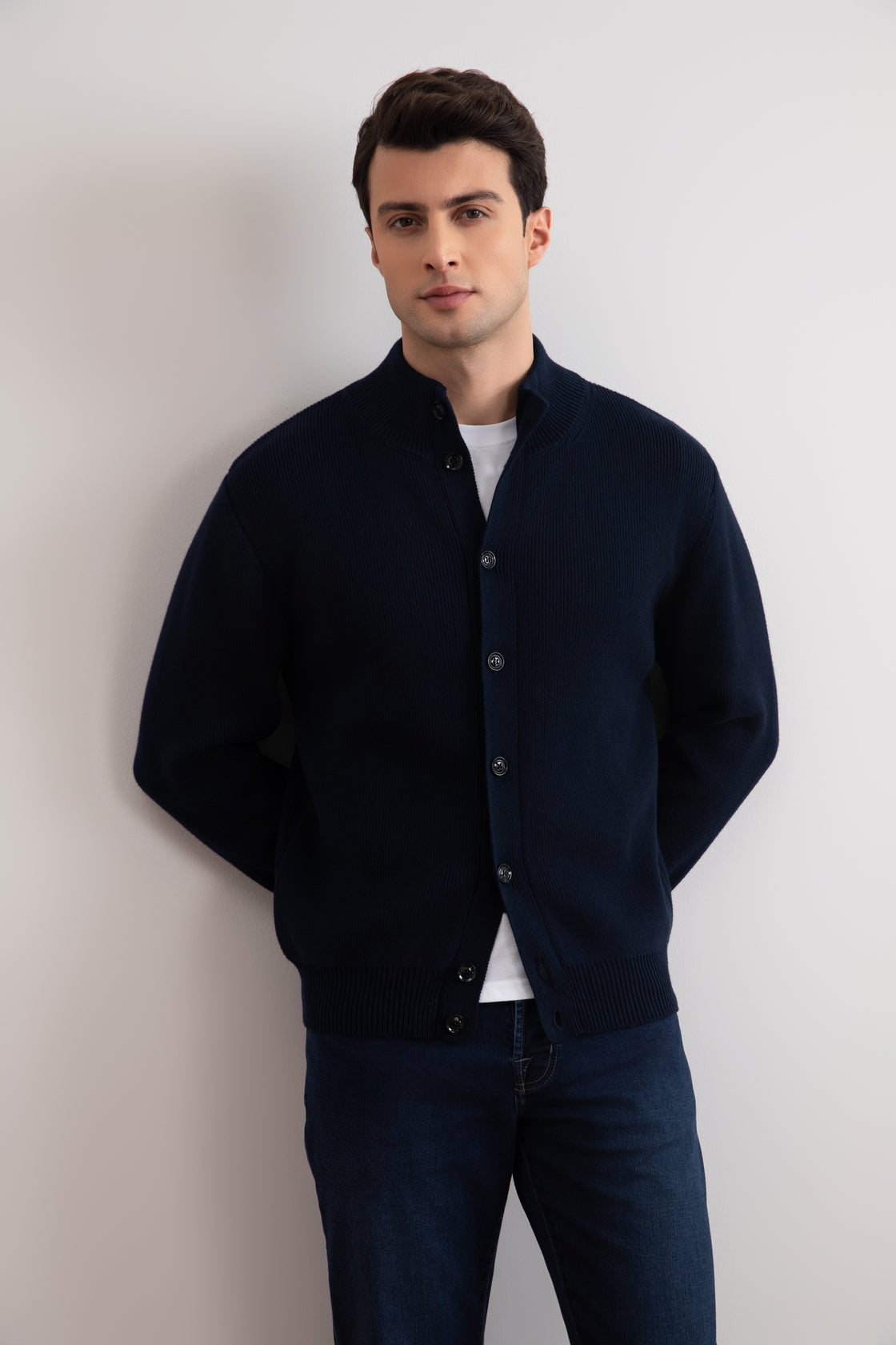 Navy Ribbed Button Closure Cardigan