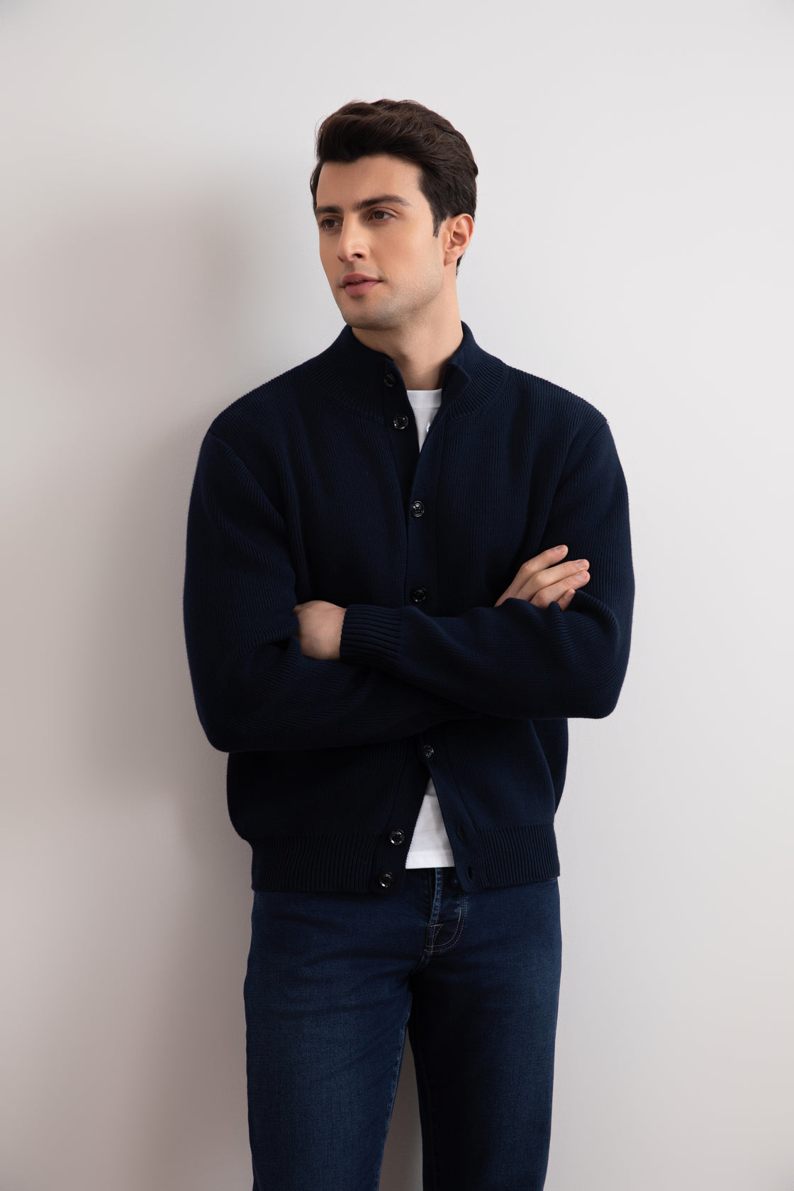 Navy Ribbed Button Closure Cardigan