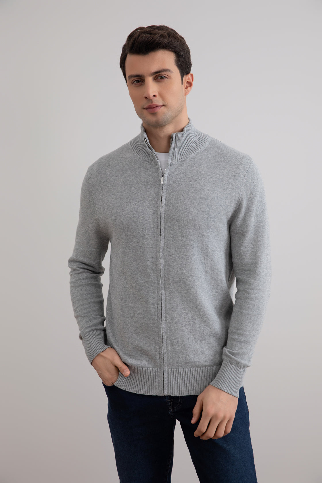 Grey Mélange Classic Zip-Up Cardigan