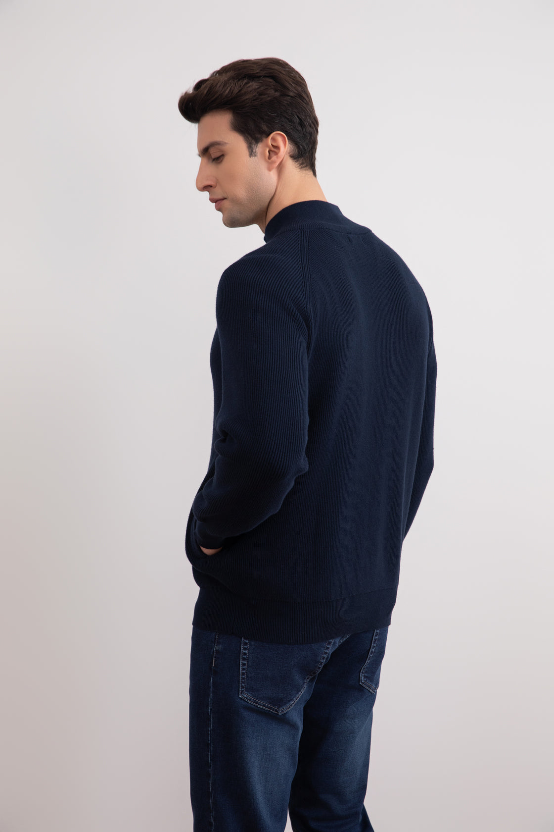 Navy English Rib Full Zip Cardigan