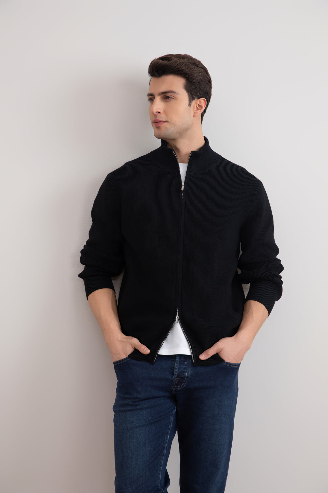 Black English Rib Full Zip Cardigan