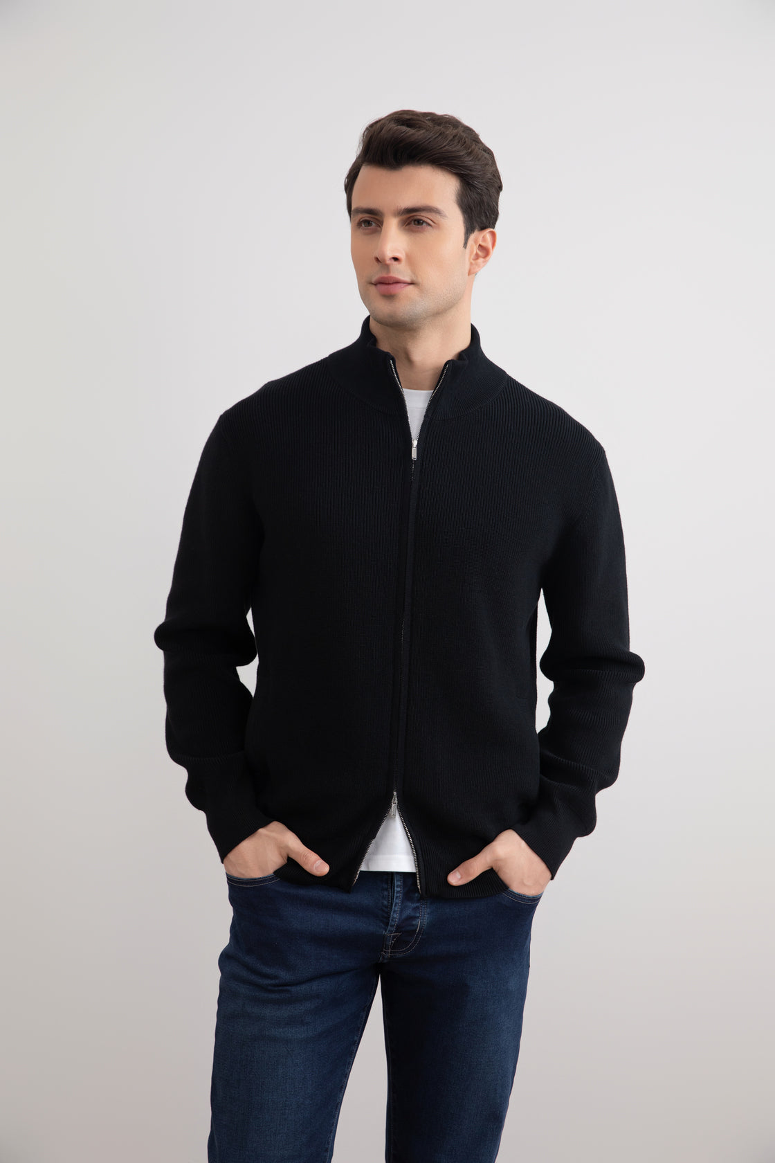 Black English Rib Full Zip Cardigan