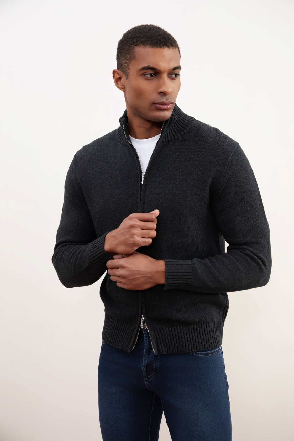 Charchoal Ribbed Zip-Up Sweater