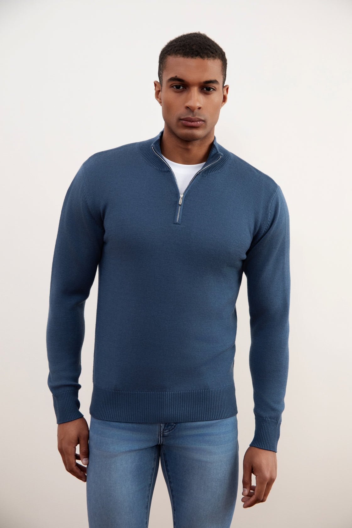 Blue Merino Wool Half-Zip Sweater