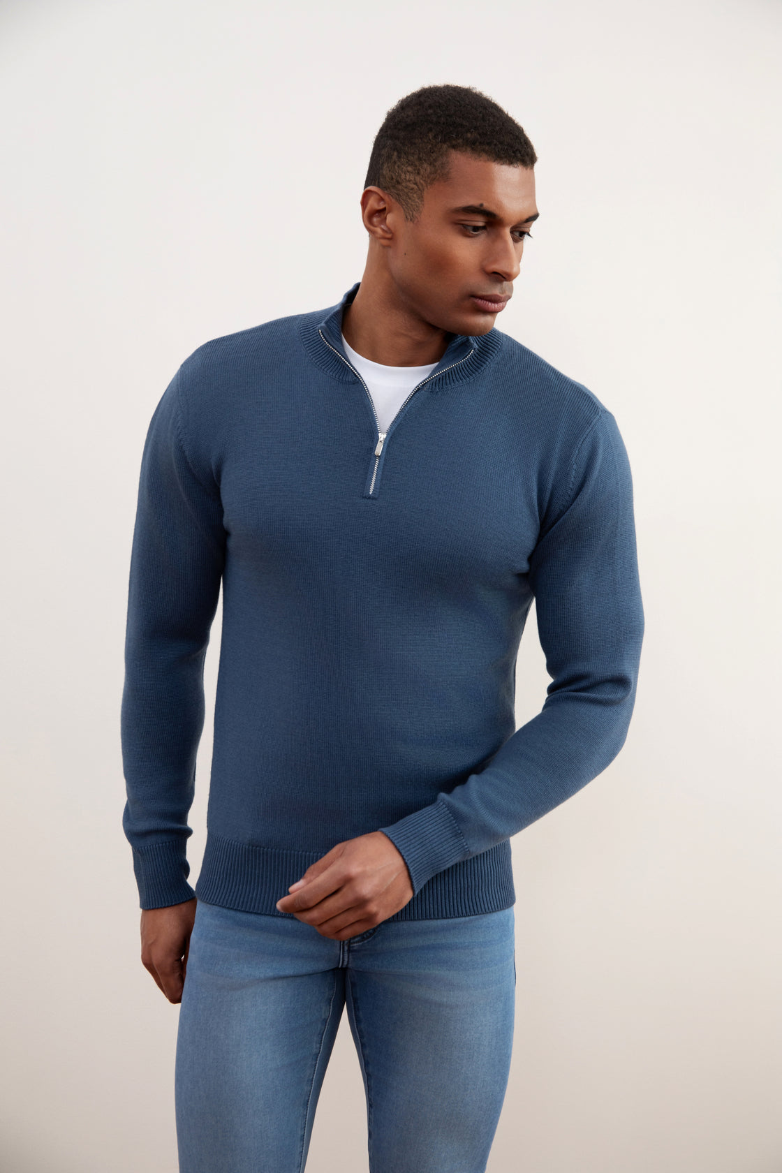 Blue Merino Wool Half-Zip Sweater