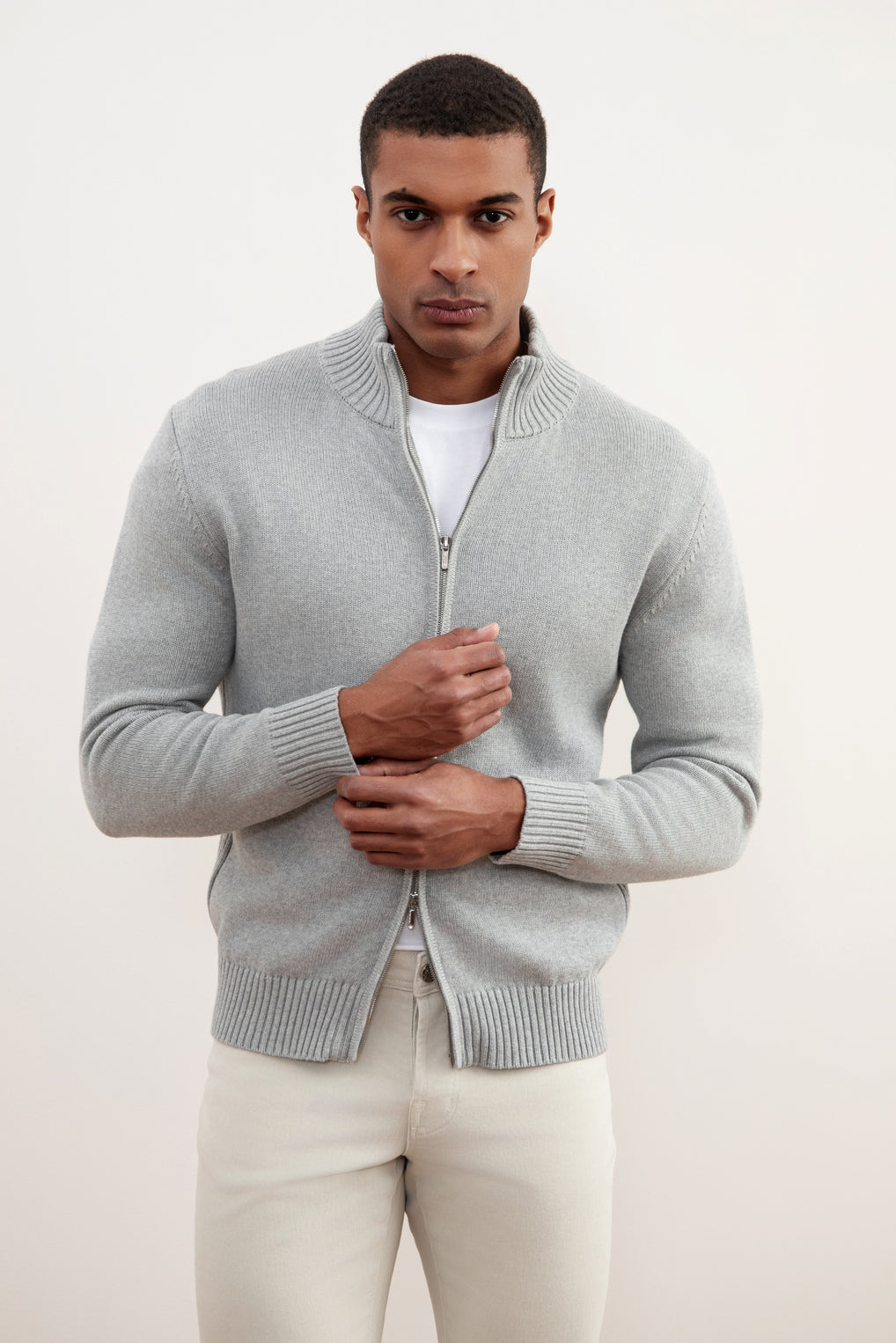 Grey Mélange Ribbed Zip-Up Sweater