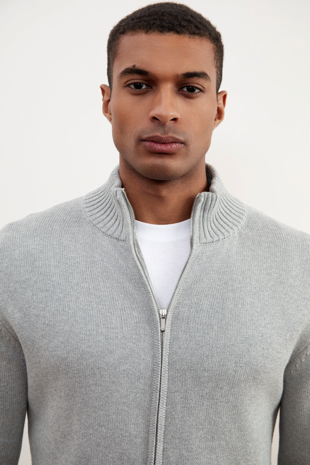 Grey Mélange Ribbed Zip-Up Sweater