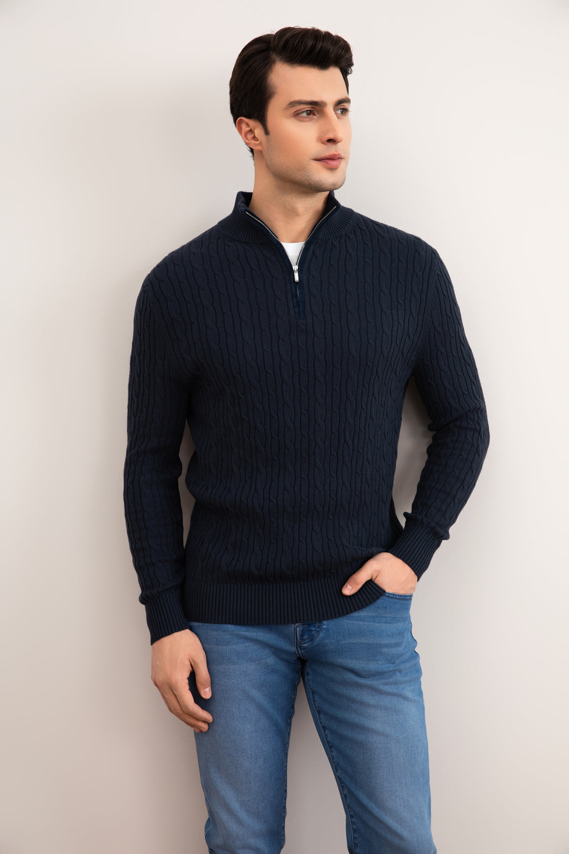 Blue Cable Knit half-zip Sweater