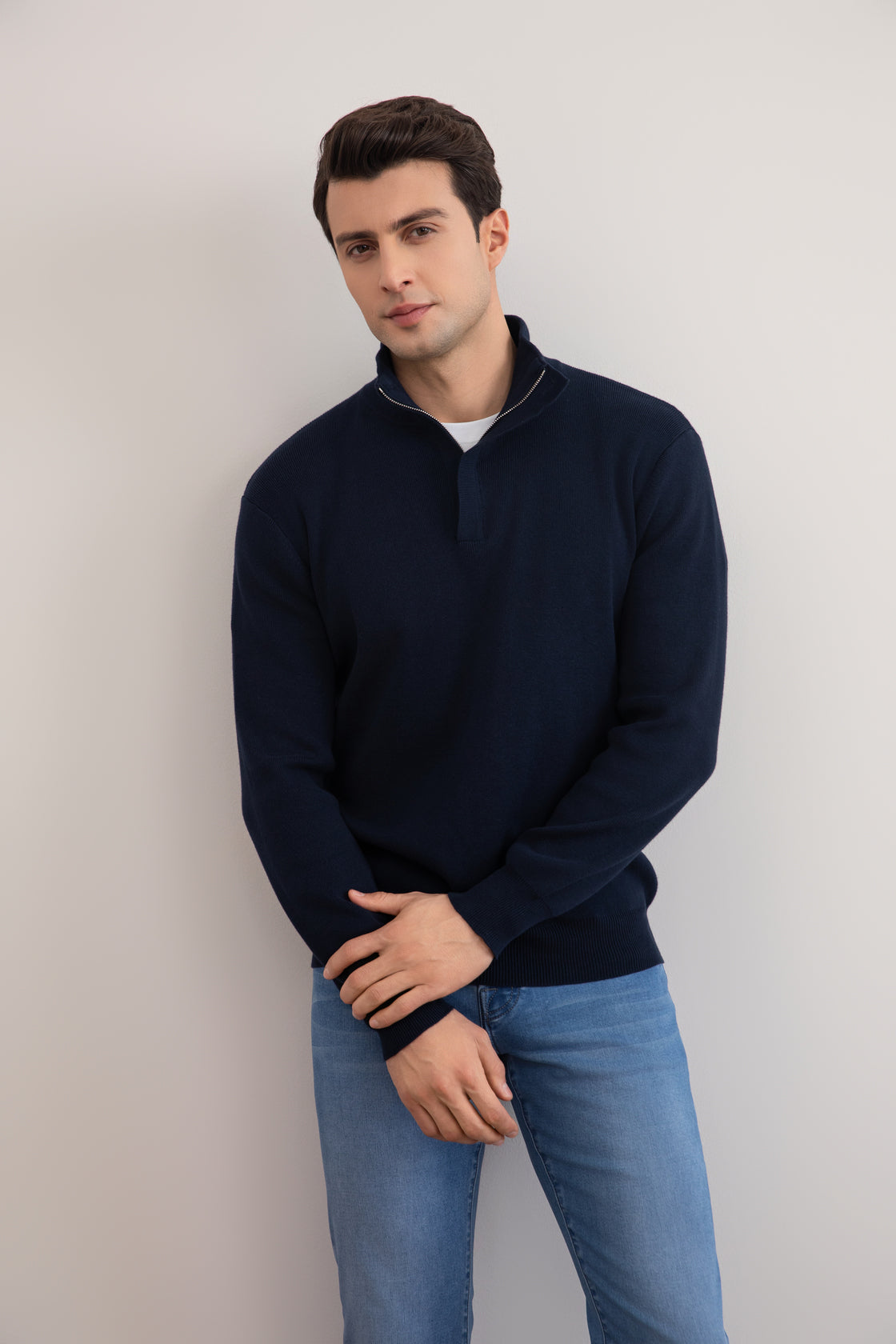 Navy Half-Zip Mock Neck Sweater