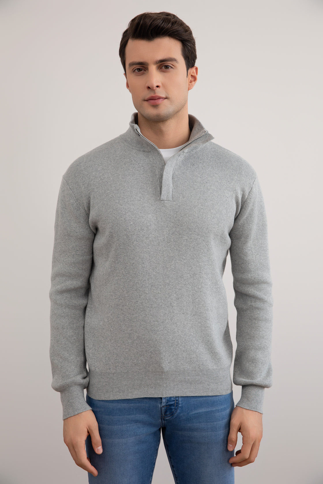 Grey Mélange Half-Zip Mock Neck Sweater