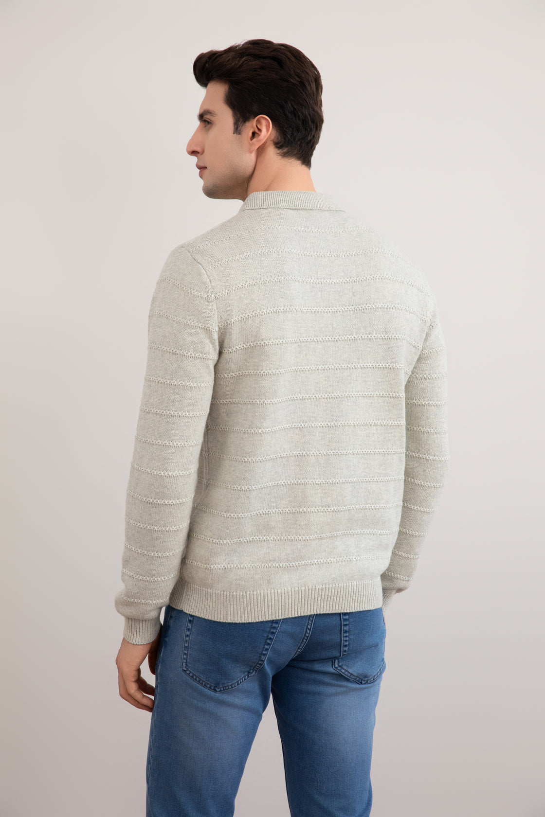 Grey Mélange Knit Texture Open Polo Sweater