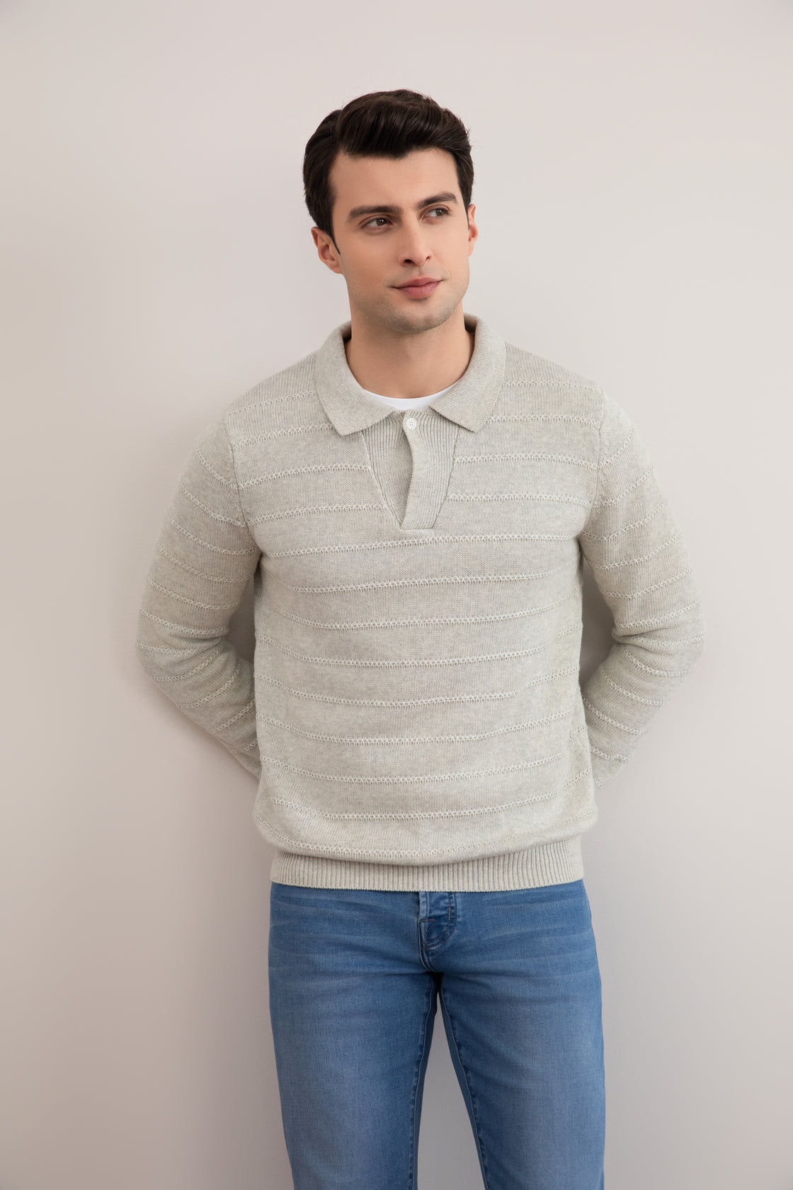 Grey Mélange Knit Texture Open Polo Sweater