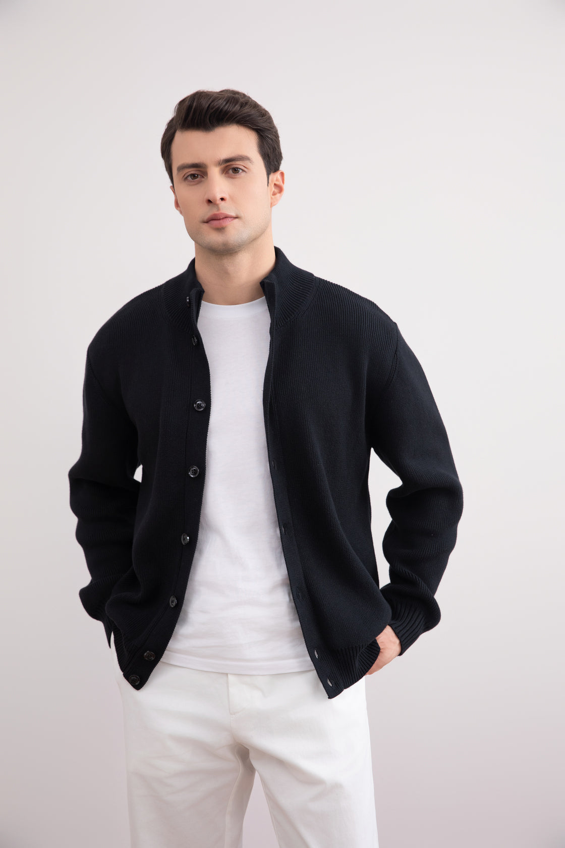 Black Ribbed Button Closure Cardigan