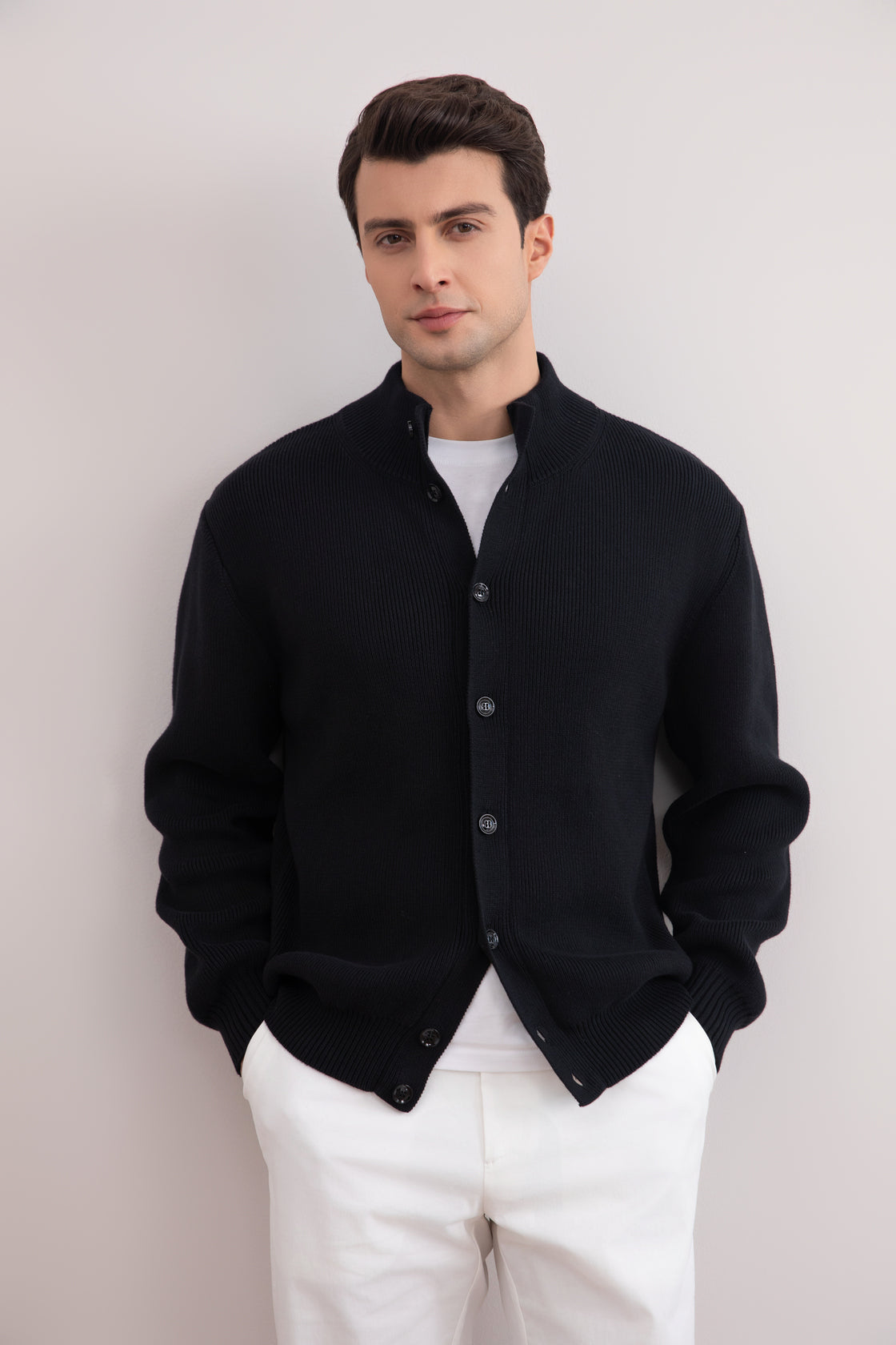 Black Ribbed Button Closure Cardigan