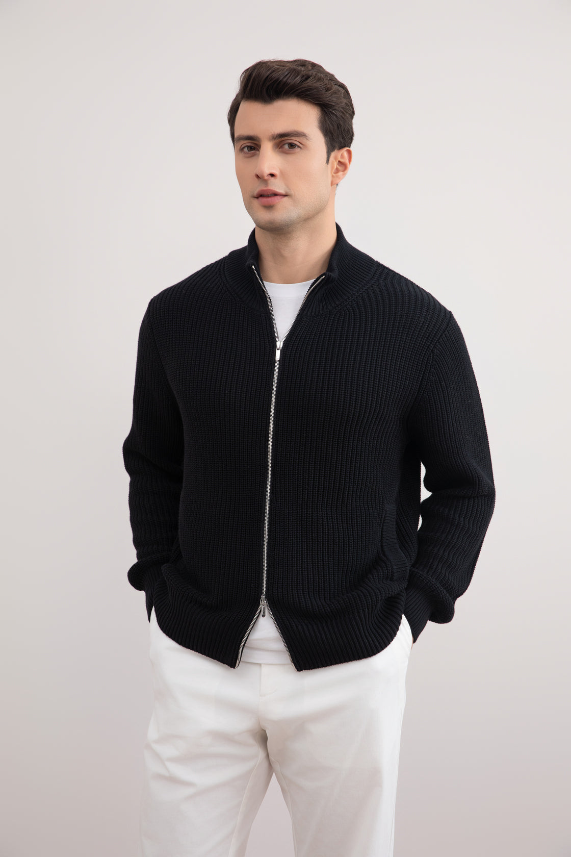 Black Ribbed Zip-Up Cardigan