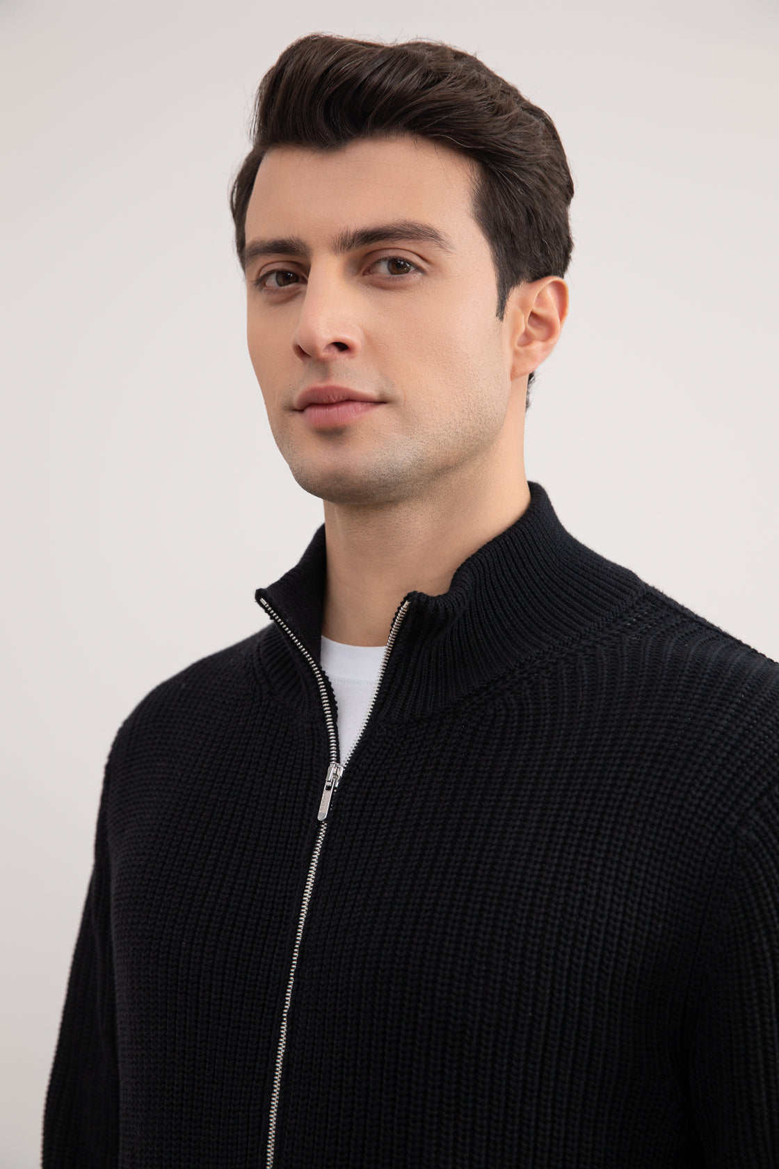 Black Ribbed Zip-Up Cardigan